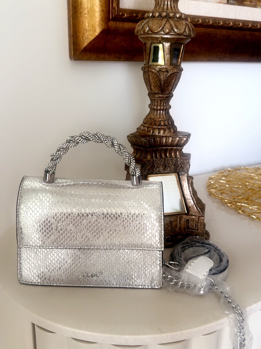 NWT ALDO Mini Top-Handel Crossbody Bag Silver Diamonds Animal Print